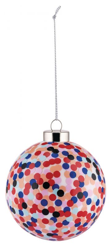 Alessi Proust Kugel: Weihnachtskugel mit bunten Konfetti-Punkten und silberner Aufhängung für festliche Dekoration.